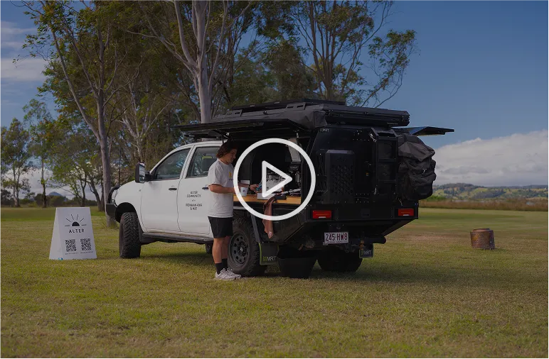 MRT canopy with rear kitchen setup used by ALTER Coffee in outdoor rural Australia