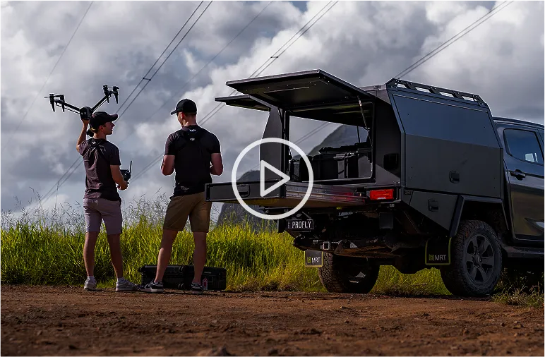 MRT canopy used by Profly drone team for field operations with 4WD setup in remote Australia