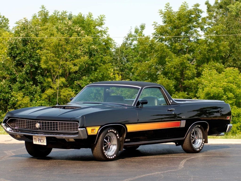 ford ranchero ute black with yellow red strip