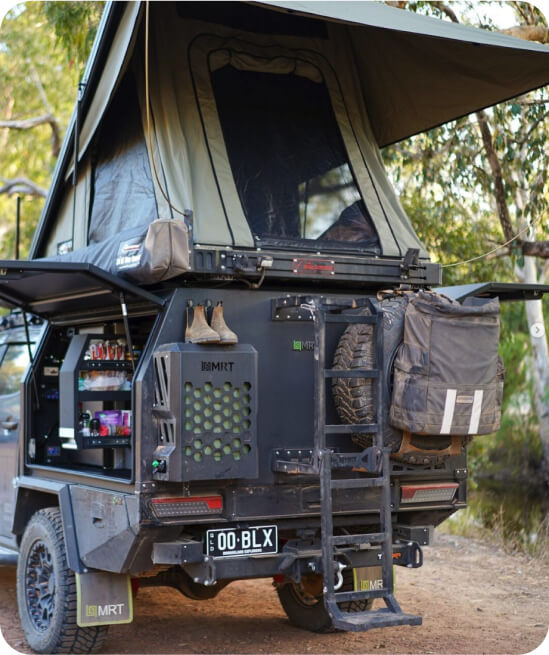 mrt ute canopy with jerry can holder, spare wheel carrier, and ute canopy ladder to access the tent on top