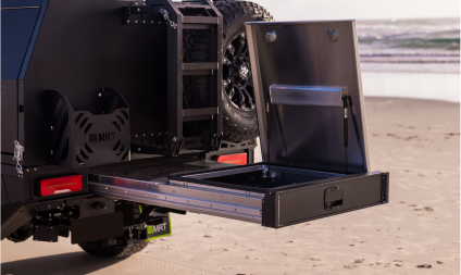 MRT Ute Canopy on the beach with undertray drawer pulled out