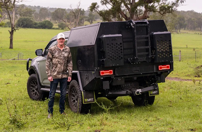 Rodney from RJM Hunting with MRT canopy setup in remote Australian field conditions